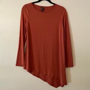 Eileen Fisher Red Crewneck Long Sleeve Shirt Tunic Asymmetrical Women's size XS